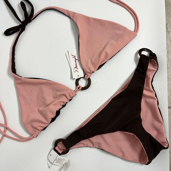 Dreamgirl: 2-in-1 Fully Reversible Pink/Brown Halter Bikini with Ring Detail​ - Picture 7 of 7